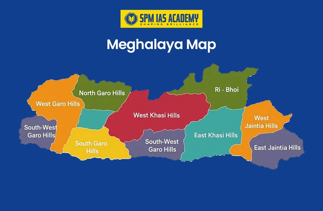 District map of Meghalaya showing Garo Hills, Khasi Hills, and Jaintia Hills regions with Shillong marked as the state capital