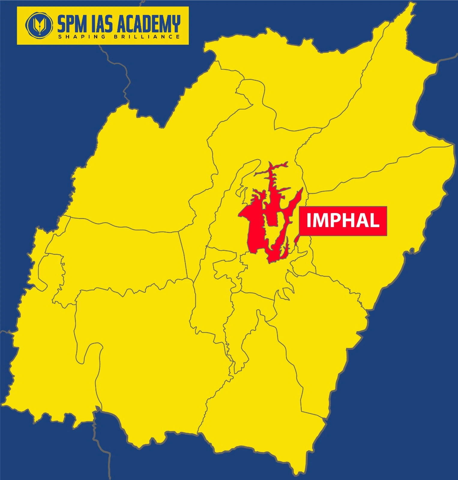 Map of Manipur highlighting Imphal as the capital city, showing its central location in the Imphal Valley surrounded by hill districts
