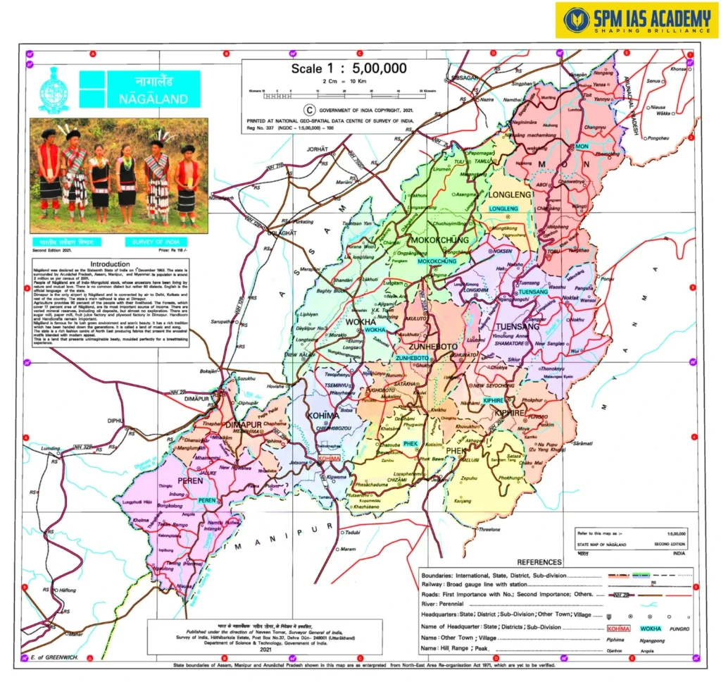 Political map of Nagaland showing districts, neighbouring states, and the location of Kohima where the Hornbill Festival is celebrated