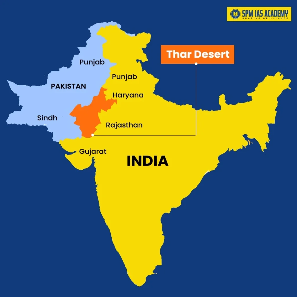 Map showing the location of the Thar Desert in northwestern India across Rajasthan, Gujarat, Punjab and Haryana
