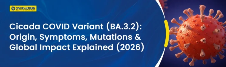 Banner showing Cicada COVID Variant (BA.3.2) with spike protein illustration explaining origin, symptoms, mutations and global impact in 2026