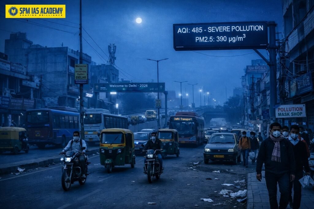 Delhi severe air pollution with AQI 485 showing one of the most polluted cities in the world 2026 and poor air quality conditions