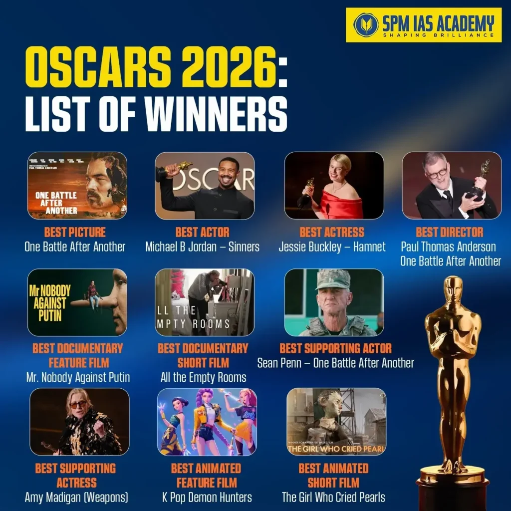 Oscars 2026 winners list showing Best Picture One Battle After Another, Best Actor Michael B. Jordan, Best Actress Jessie Buckley and Best Director Paul Thomas Anderson.