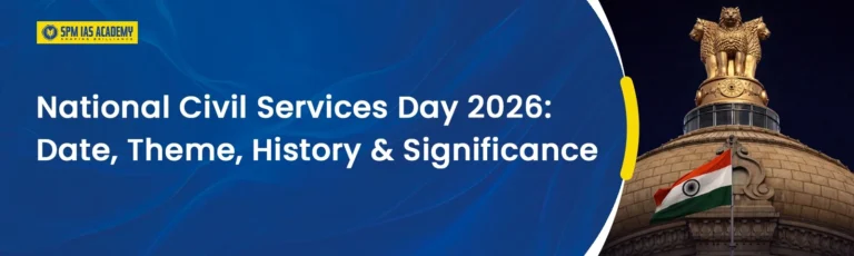 National Civil Services Day 2026 banner showing Indian Parliament Ashoka emblem highlighting date and significance for UPSC current affairs