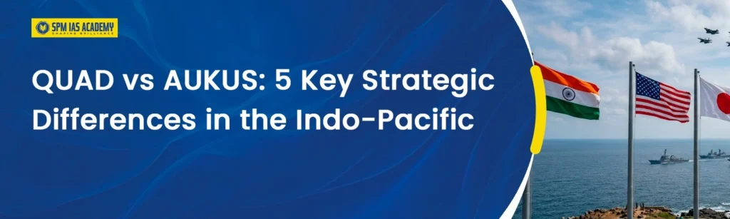 QUAD vs AUKUS strategic differences in Indo-Pacific showing India USA Japan flags and naval presence