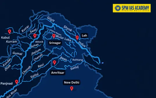 Map showing Sutlej River location in the Indus River system across India and Pakistan