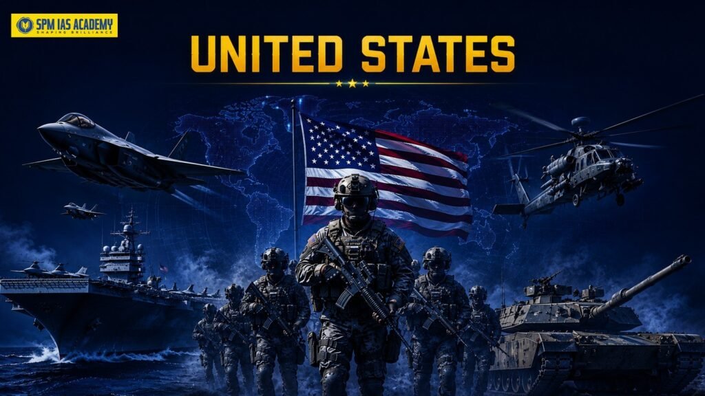 United States military with fighter jet, aircraft carrier, soldiers and tanks