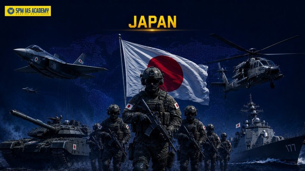 Japanese military with fighter jet, soldiers, tanks, helicopter and naval vessel