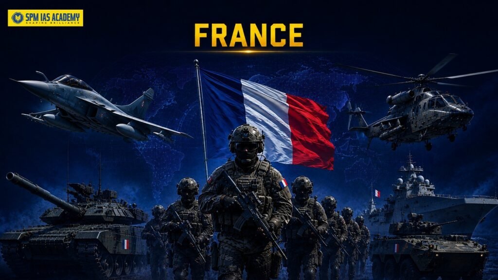 French military with fighter jet, soldiers, tank, helicopter and naval ship