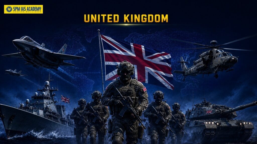 United Kingdom military with fighter jet, soldiers, tanks, helicopter and naval vessels