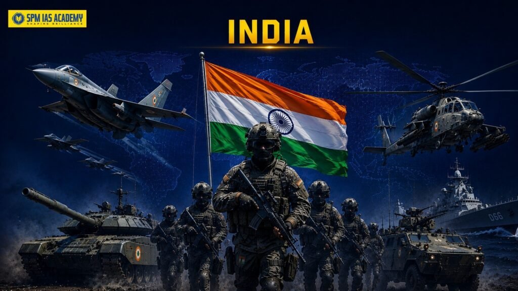 Indian military with fighter jet, soldiers, tanks, helicopter and naval ship