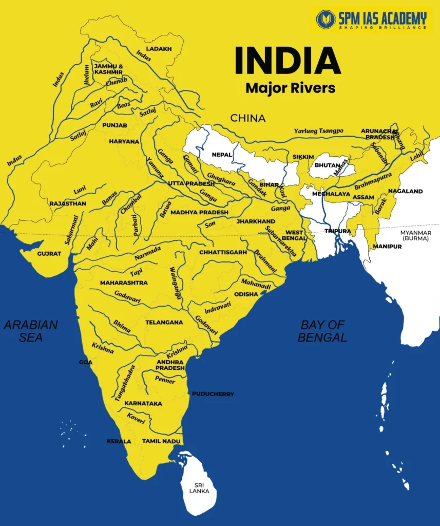 Map showing major river systems of India including Indus, Ganga, Brahmaputra, Godavari, Krishna, Narmada, Cauvery and Mahanadi
