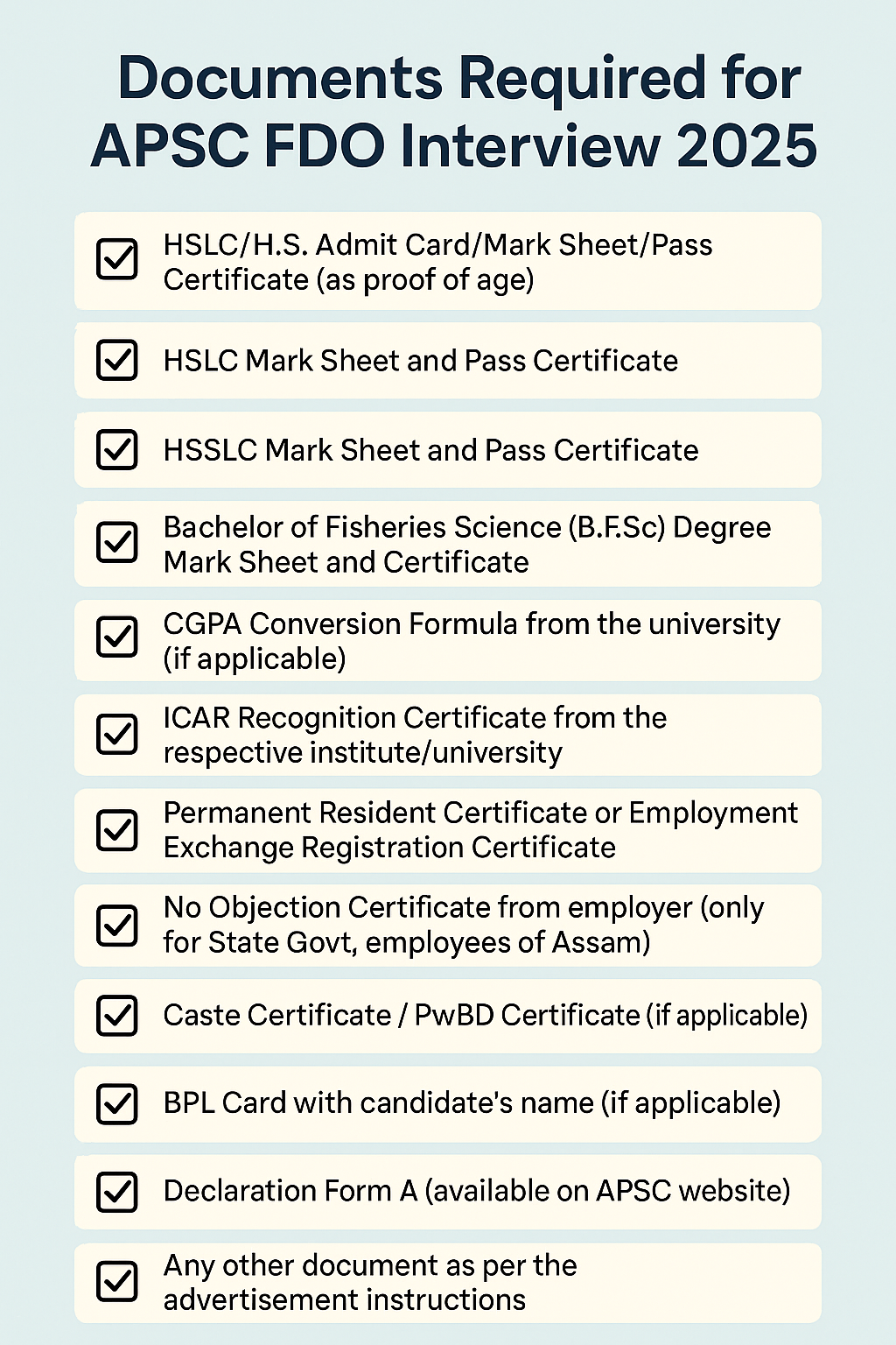 Infographic titled "Documents Required for APSC FDO Interview 2025" listing 11 essential documents such as HSLC and HSSLC certificates, B.F.Sc degree, CGPA conversion formula, ICAR recognition, resident and caste certificates, No Objection Certificate, BPL card, Declaration Form A, and other relevant documents. Each item is shown with a checkmark icon on a beige background.