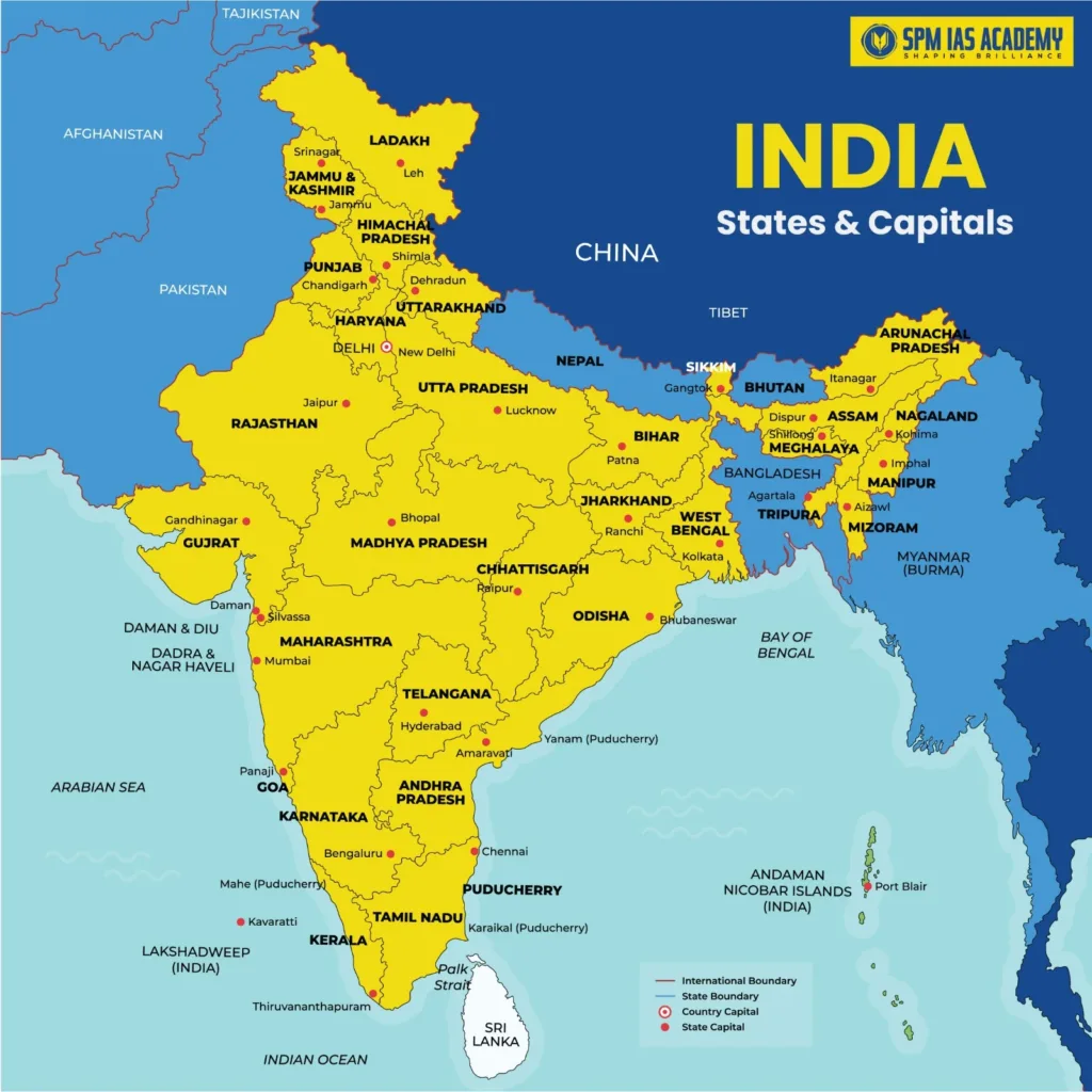 Political map of India showing all states and union territories with their capitals in 2025