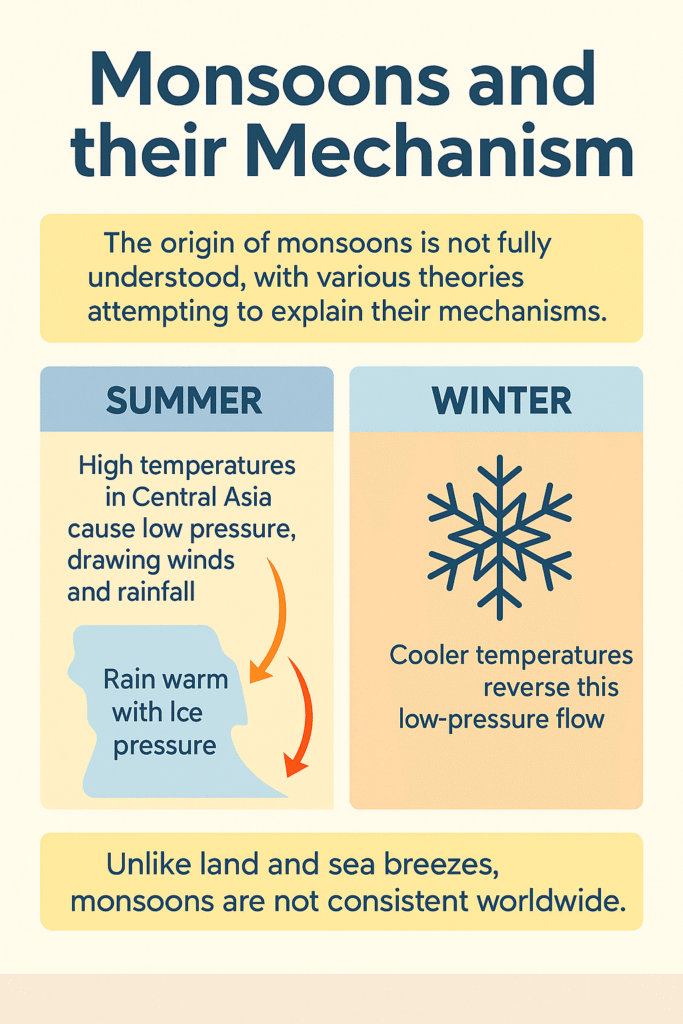 Flat-style infographic titled "Monsoons" illustrating the Indian summer and winter monsoon mechanisms. Includes map of India with arrows showing wind directions, pressure zones (low and high), warm moist air from ocean, and dry cold air from land. Highlights key features like seasonal wind reversal, low pressure over land in summer, and high pressure in winter. Ideal for UPSC and APSC geography preparation.