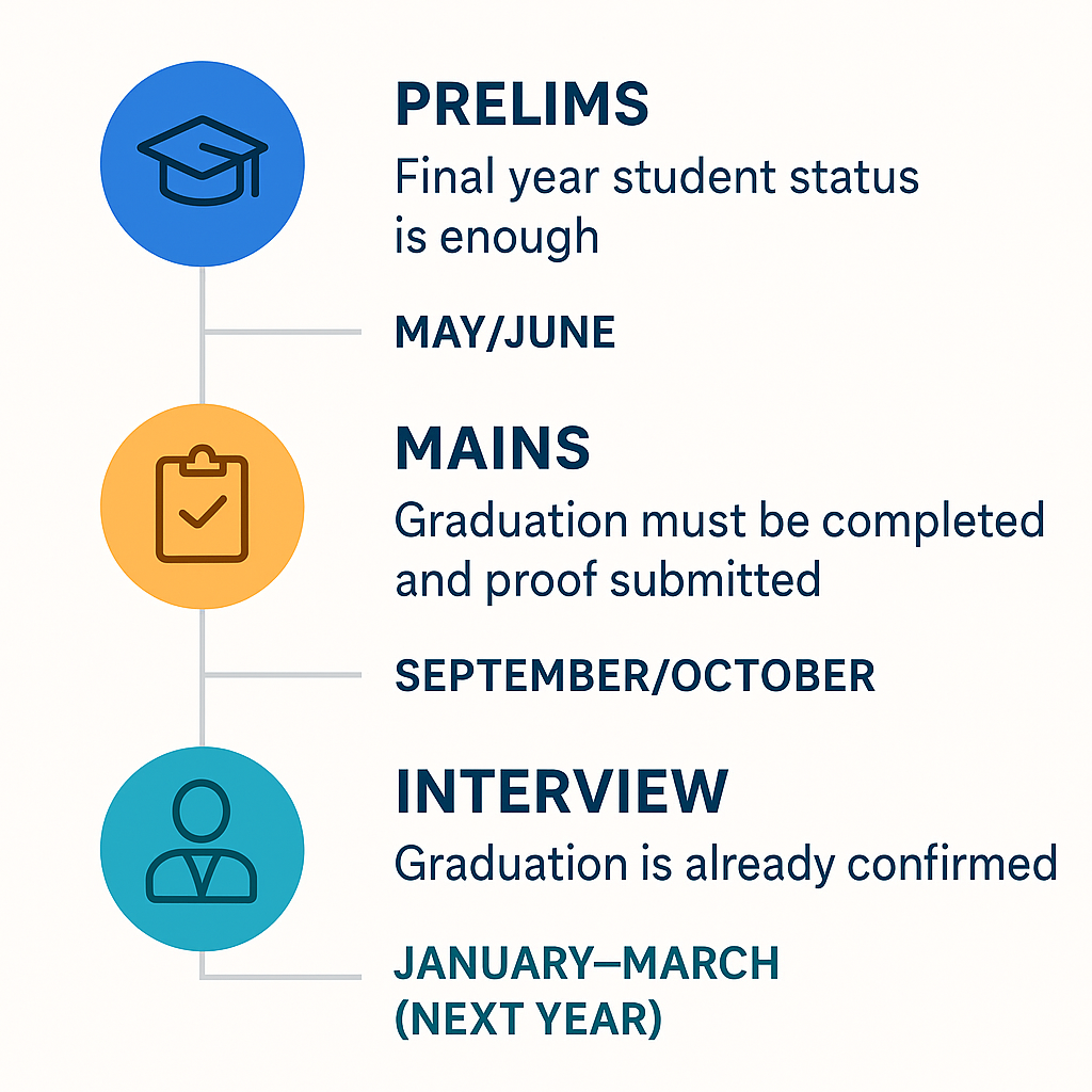 nfographic showing UPSC eligibility for final-year students: Prelims requires only final-year student status (May/June), Mains needs graduation proof (September/October), and Interview requires confirmed graduation (January–March next year).