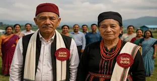 Traditional Gaon Bura and Gaon Buri in indigenous attire representing customary governance in rural Arunachal Pradesh.