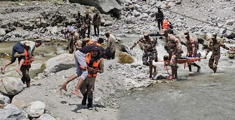 Indian Army personnel conducting civil–military preparedness drill ‘Samanjasya’ in Arunachal Pradesh, rescuing civilians during disaster response exercise
