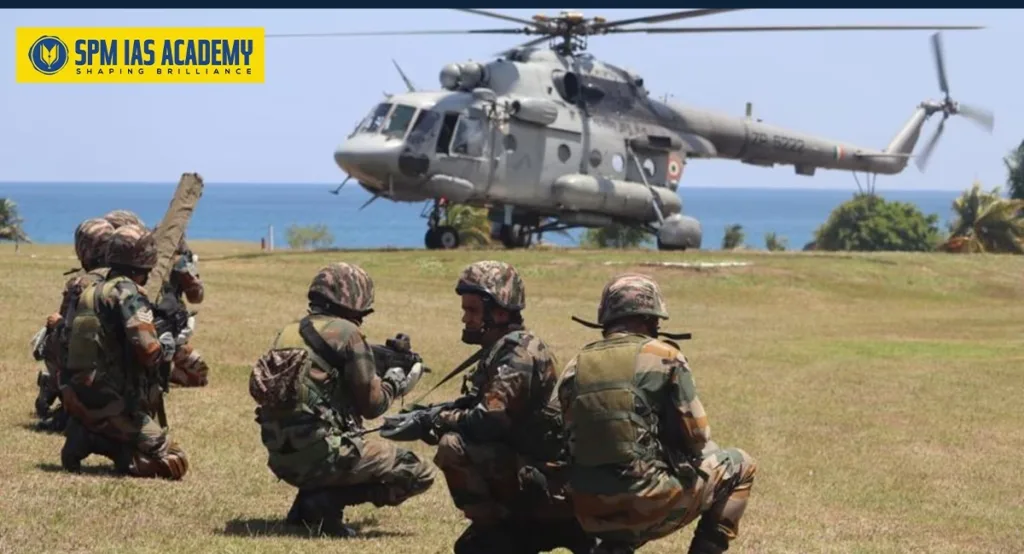Indian Army soldiers coordinating with an Indian Air Force helicopter during a joint multi-domain combat exercise in high-altitude terrain near the Line of Actual Control in Arunachal Pradesh
