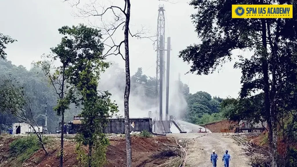 Gas blowout at Kharsang oilfield in Arunachal Pradesh showing uncontrolled gas release during drilling operations
