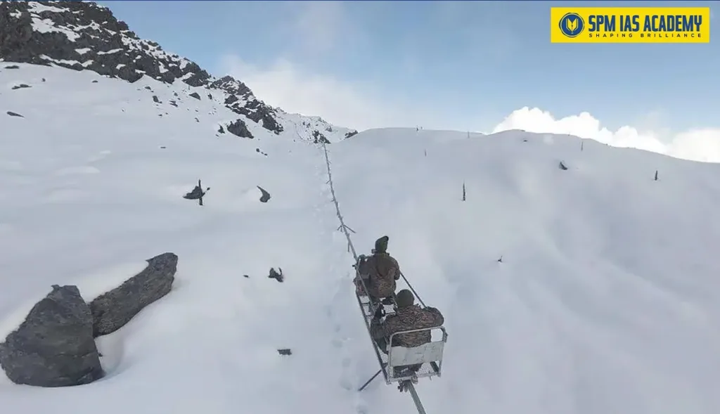 Monorail system in Arunachal Pradesh transporting supplies at 16000 ft by Indian Army in snow-covered Himalayas