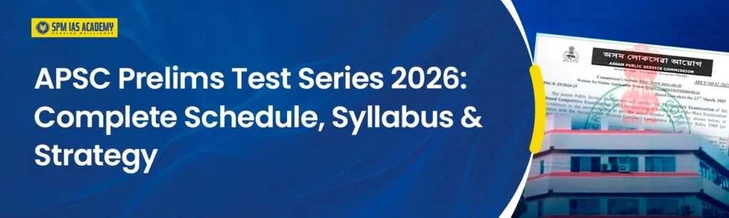 APSC Prelims Test Series 2026 banner showing complete schedule, syllabus and preparation strategy by SPM IAS Academy
