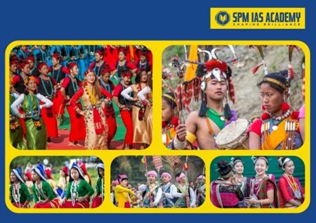 Culture, tribes and traditions of Arunachal Pradesh showing tribal dance, traditional attire and festival celebrations