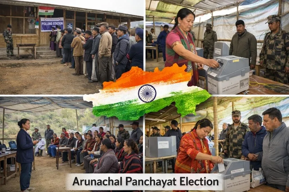 Voters casting ballots during Panchayati Raj elections in Arunachal Pradesh under the supervision of election officials and security personnel.