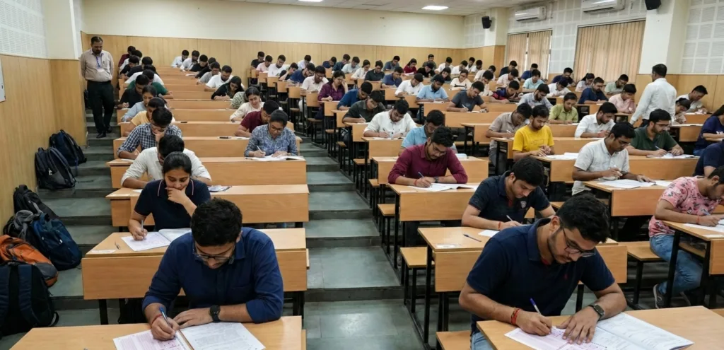 Students appearing for APSC Prelims Test Series 2026 in an offline exam hall environment