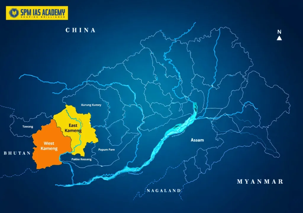 Map showing East Kameng and West Kameng districts of Arunachal Pradesh along with neighbouring regions