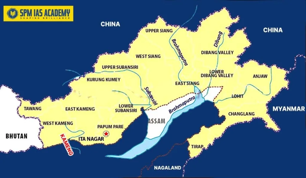 Kameng River map of Arunachal Pradesh highlighting districts, tributaries and Brahmaputra confluence