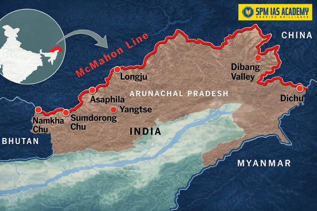 Map showing the McMahon Line separating Arunachal Pradesh in India from Tibet (China) along the eastern Himalayan border