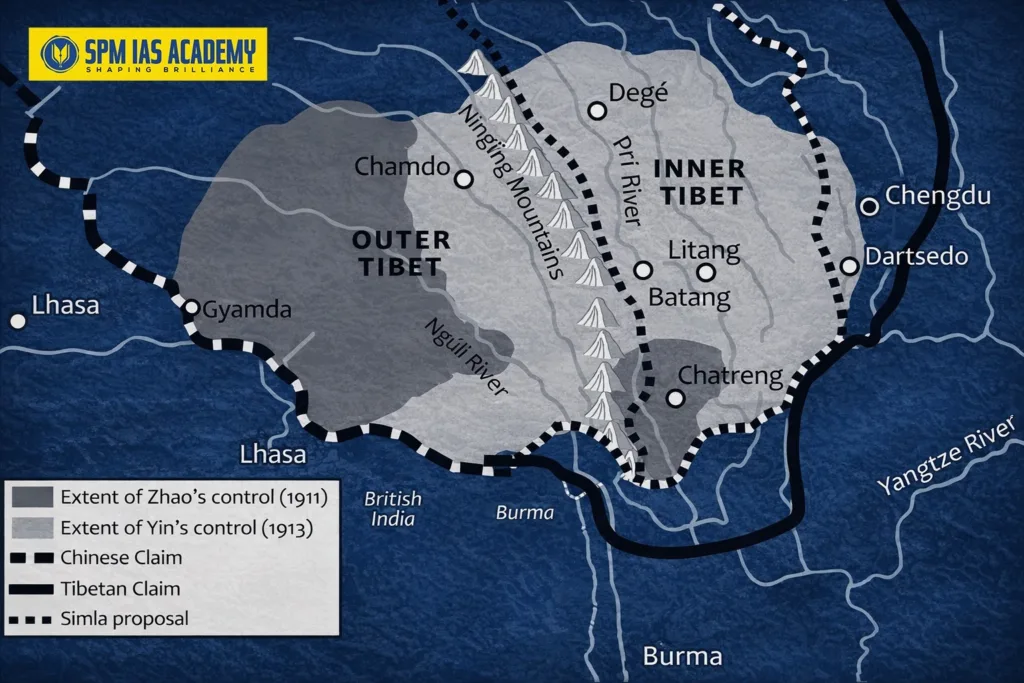 Historical map of the Simla Convention 1914 showing Inner Tibet, Outer Tibet and the proposed McMahon Line boundary between British India and Tibet