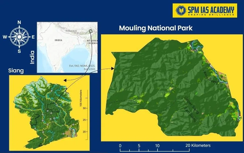 Map showing Mouling National Park located on the right bank of the Siang River in Upper Siang district, Arunachal Pradesh