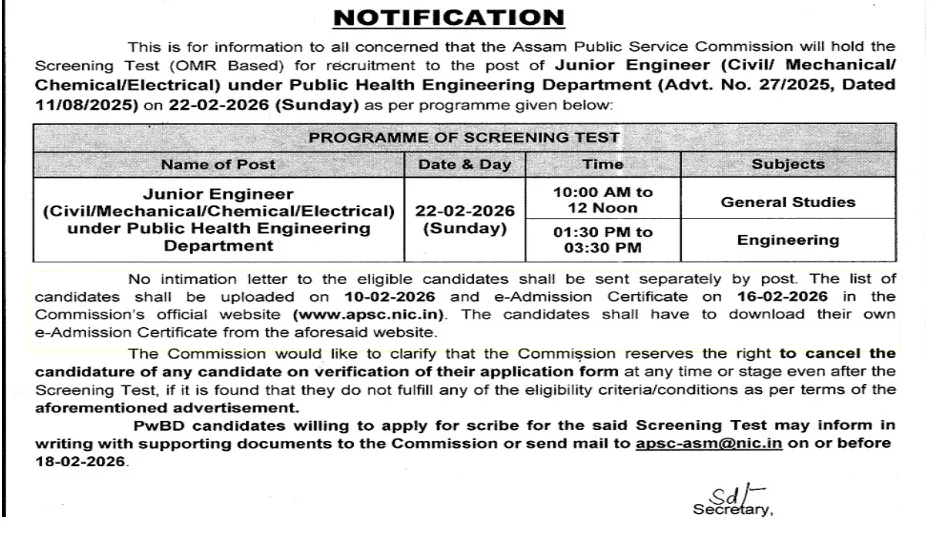 Official APSC JE Exam Date 2026 notification showing Junior Engineer screening test schedule, exam date, and timing details released by Assam Public Service Commission.