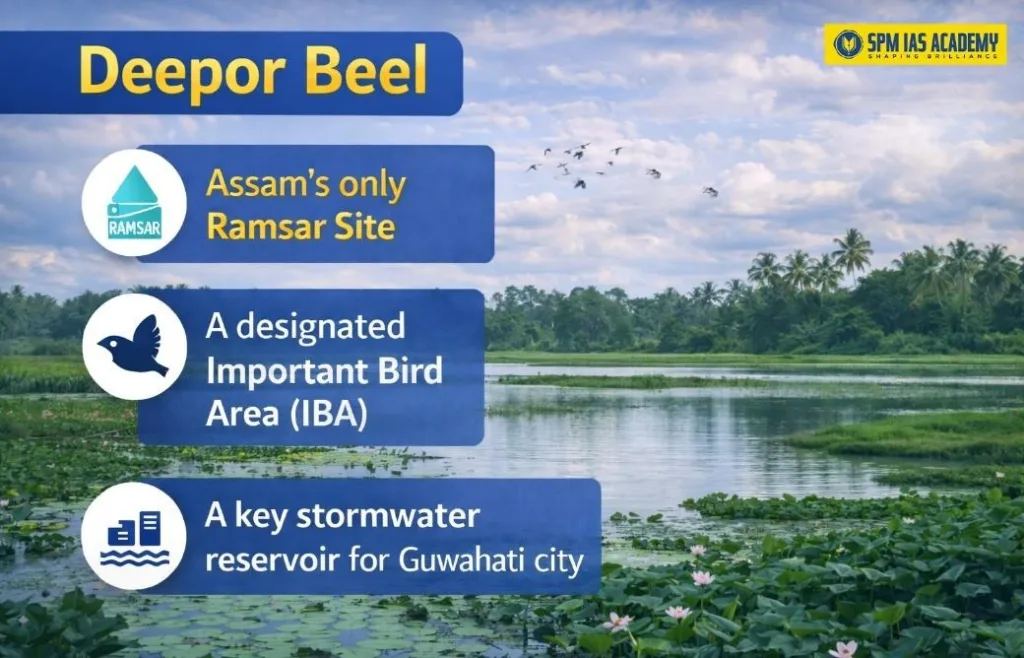 Infographic showing Deepor Beel, Assam’s only Ramsar wetland, Important Bird Area, and stormwater reservoir for Guwahati