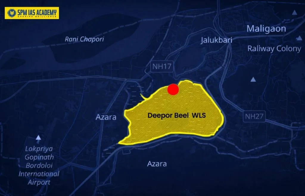 Map showing the location and boundary of Deepor Beel Ramsar wetland near Guwahati, Assam