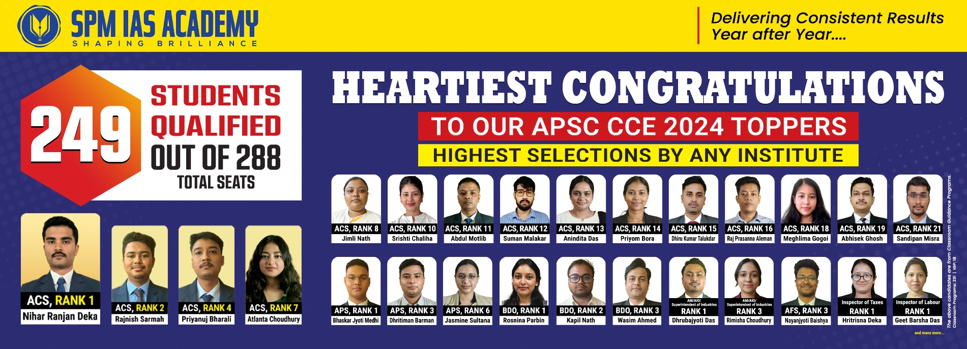 SPM IAS Academy APSC CCE 2024 results banner showing 249 selections out of 288 seats with APSC toppers and rank holders