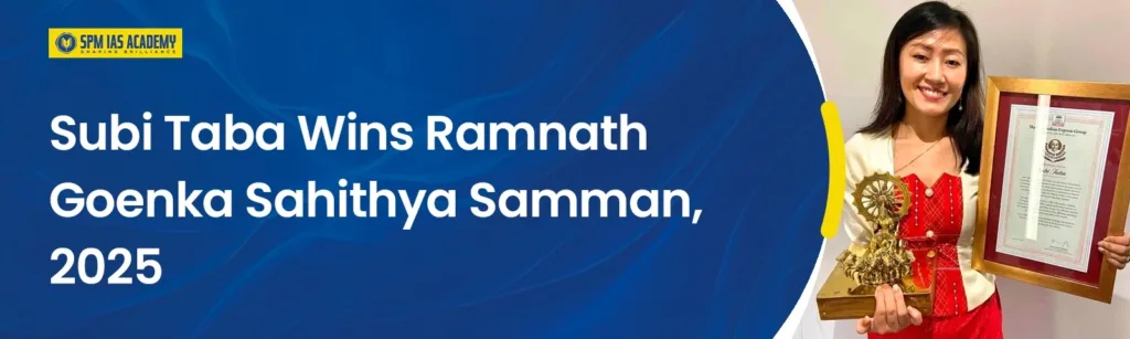 Subi Taba wins Ramnath Goenka Sahithya Samman 2025 holding trophy and certificate