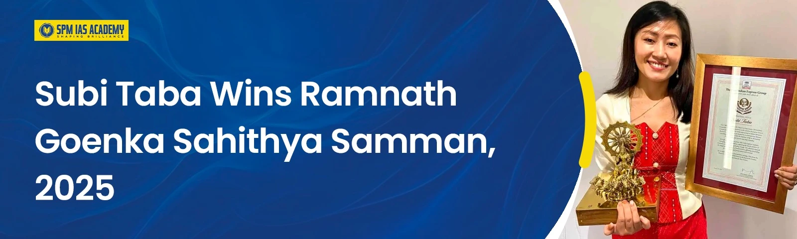 Subi Taba wins Ramnath Goenka Sahithya Samman 2025 holding trophy and certificate