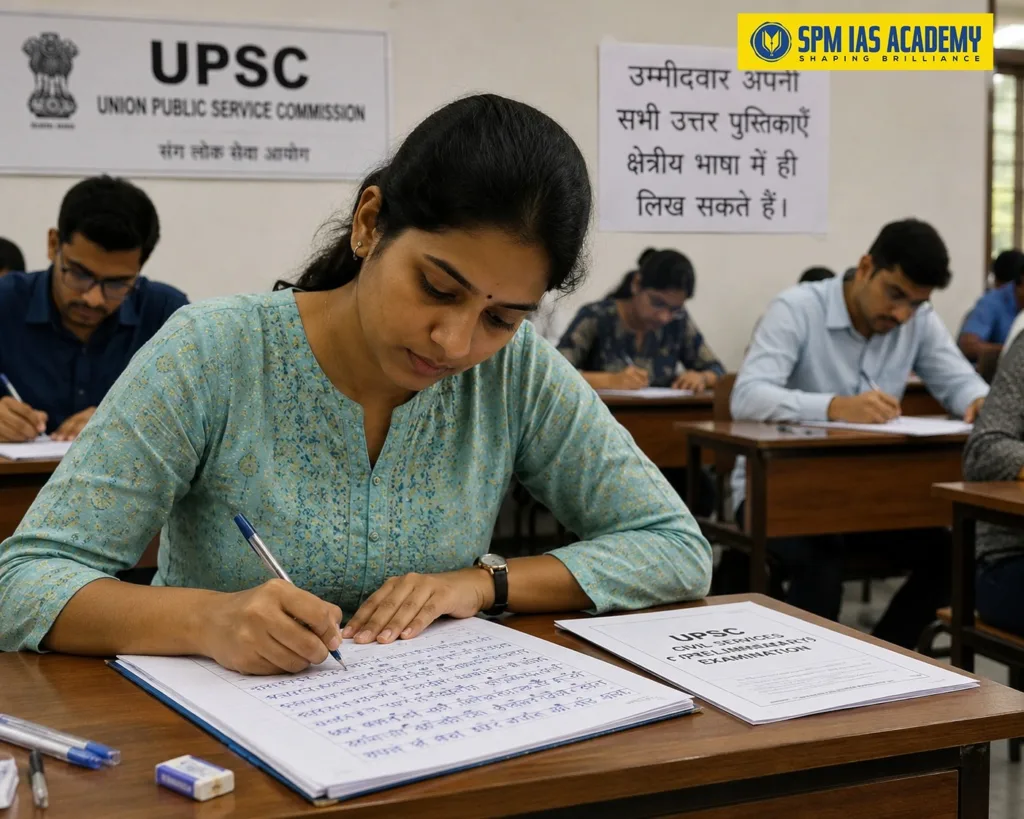 Aspirants writing the UPSC Civil Services Mains Examination in a regional language medium during an exam preparation session.