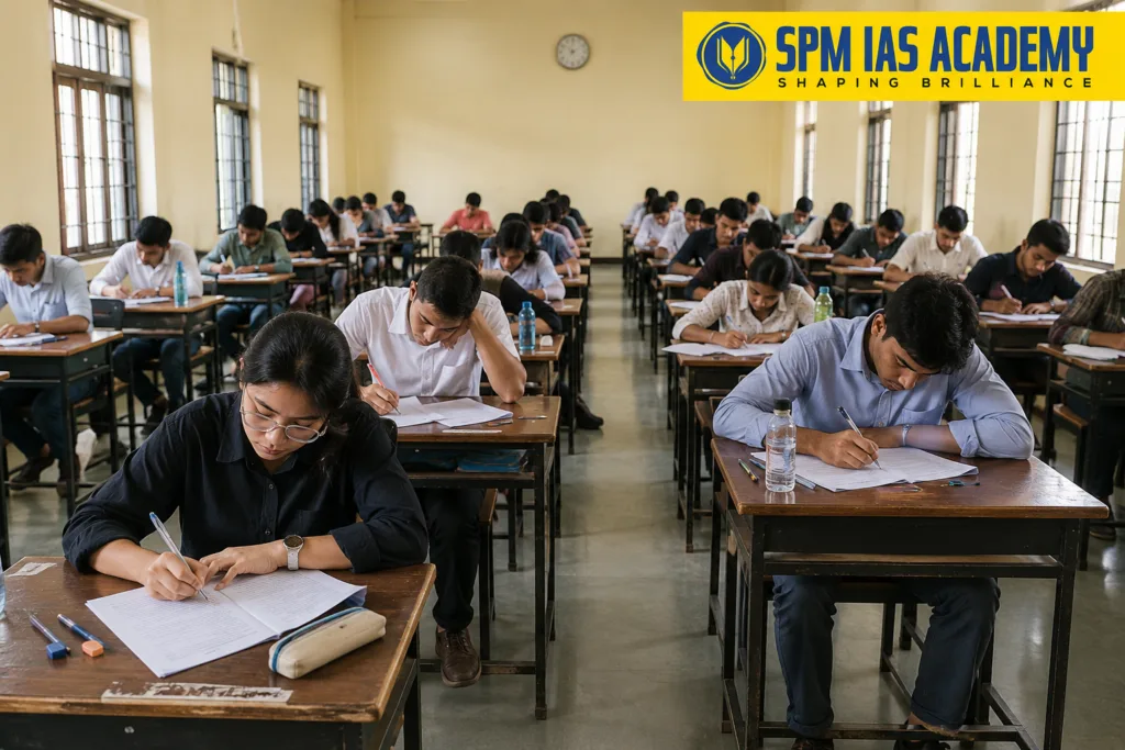 Students appearing for the APSC CCE Prelims examination in an examination hall during the GS Paper 1 test.