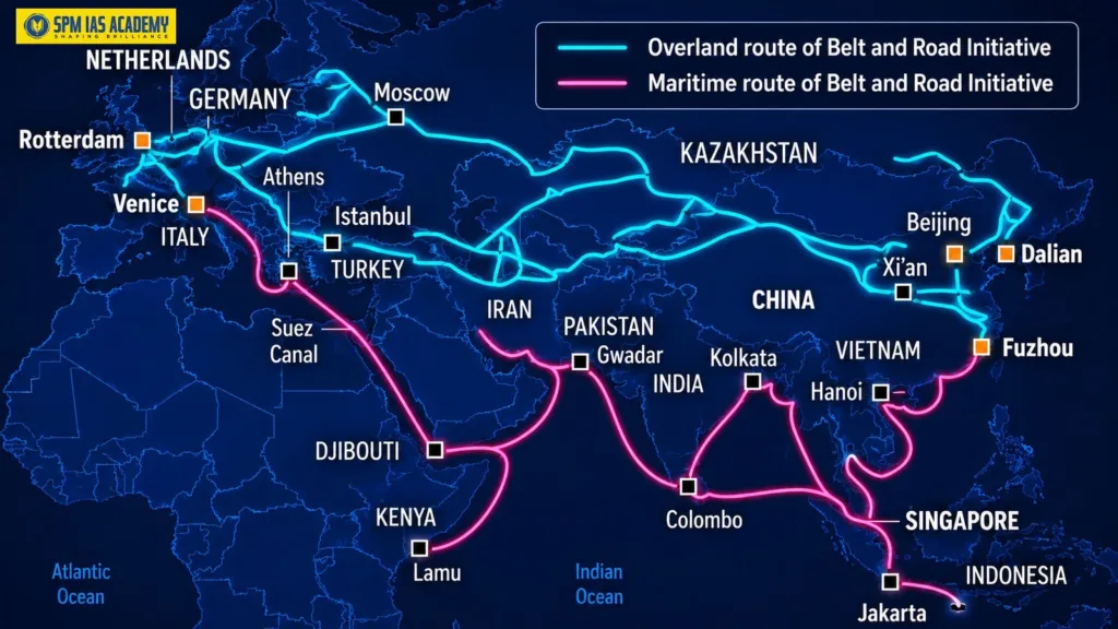 Map showing China's Belt and Road Initiative (BRI), including the Silk Road Economic Belt, Maritime Silk Road, CPEC, Gwadar Port, and major connectivity routes across Asia, Europe, and Africa.