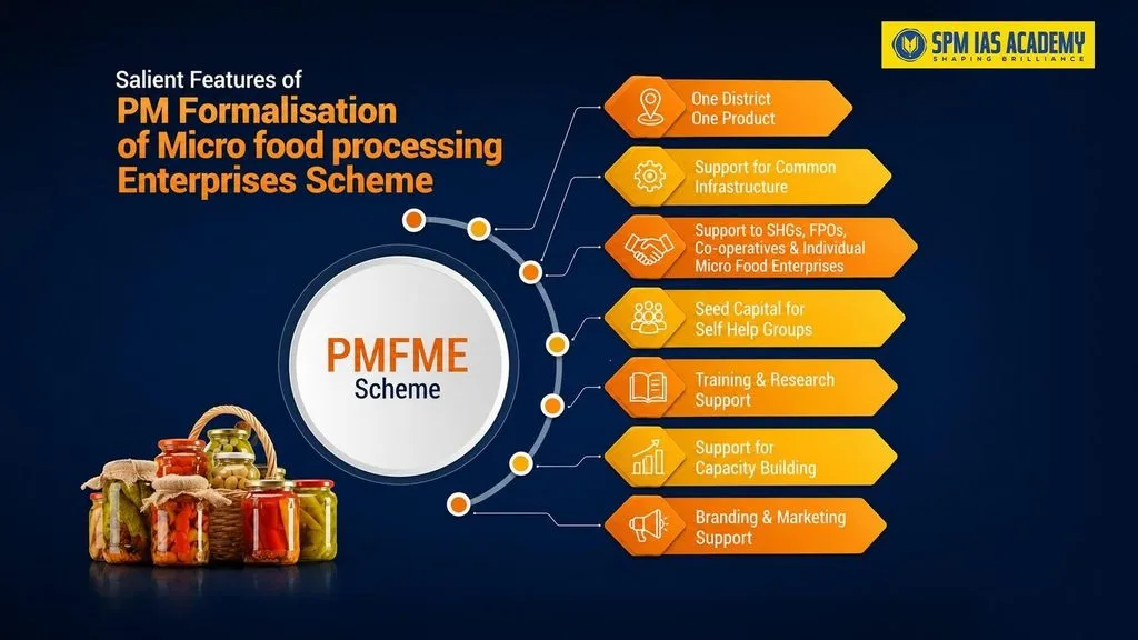 PMFME Scheme salient features including ODOP, common infrastructure, SHG support, seed capital, training, capacity building, and branding and marketing support