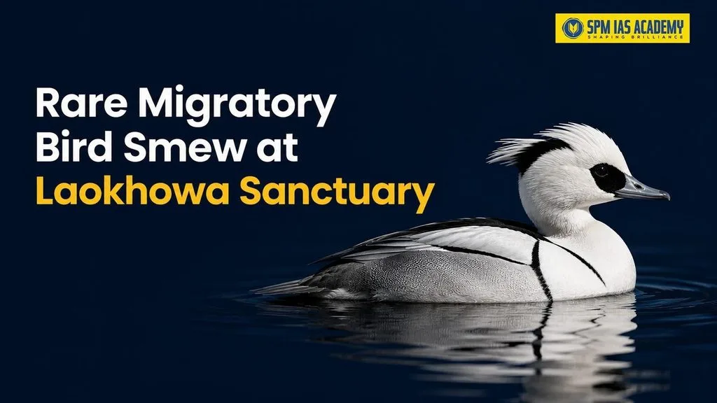 Rare migratory Smew (Mergellus albellus) swimming in water, with text highlighting its first recorded sighting at Laokhowa Wildlife Sanctuary, Assam.